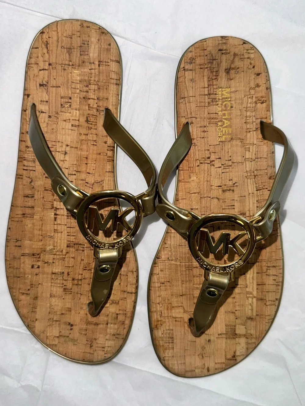Michael Kors Jelly & Cork Flip Flops MK Charm Logo Sandals Pewter & Gold 6
